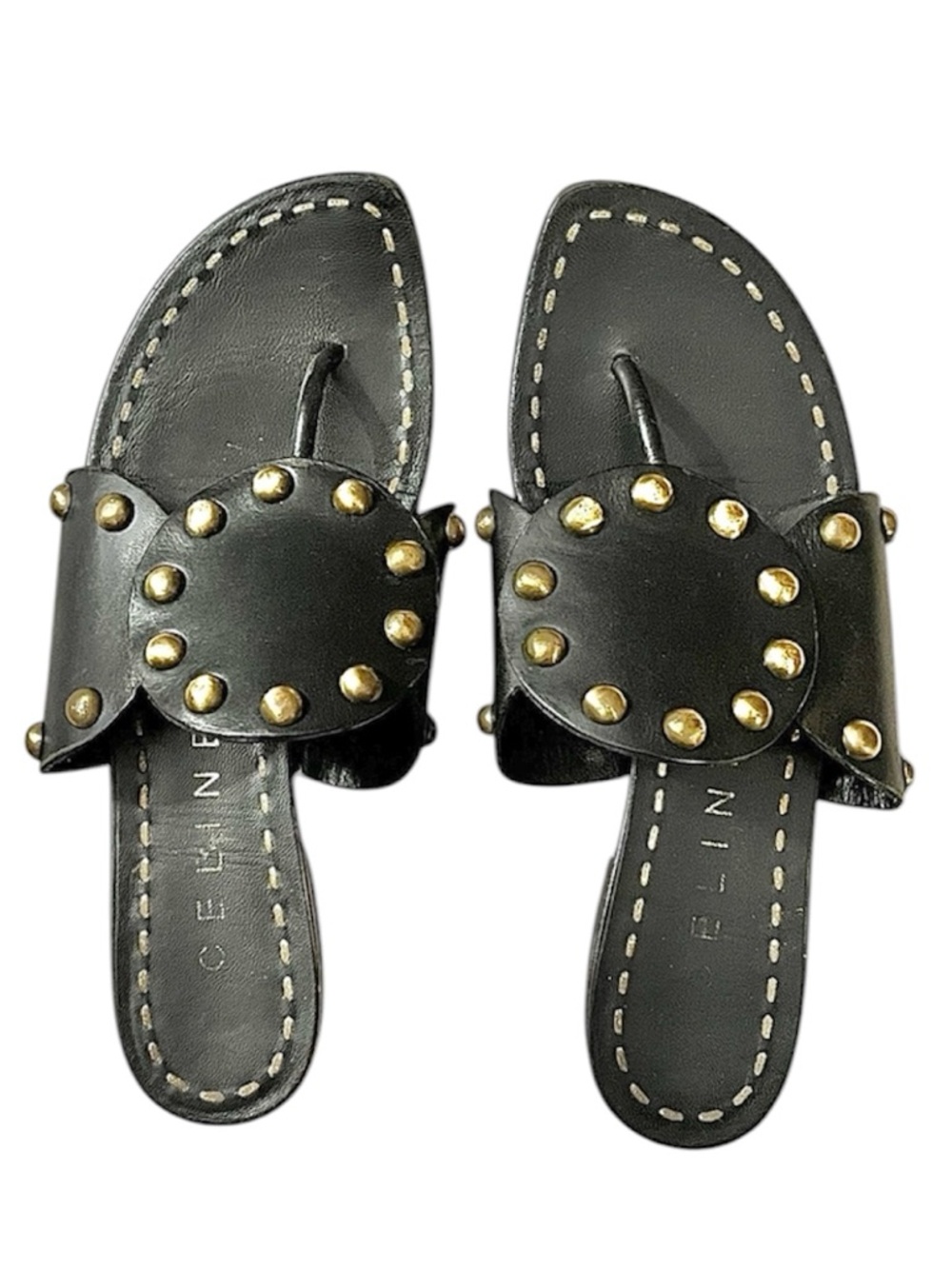 𝐂𝐄𝐋𝐈𝐍𝐄 Black Leather Sandal Flip Flop Thong Brass Studs Size 35.5/US 5
